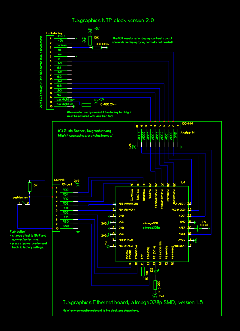 [NTP clock circuit, LCD connection]