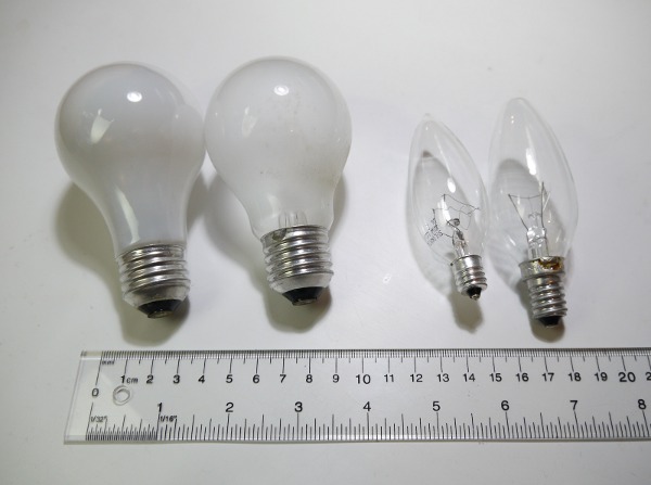 Four of the most common light bulbs: US A19 with E26, European E27, US B10 with E12, European E14
