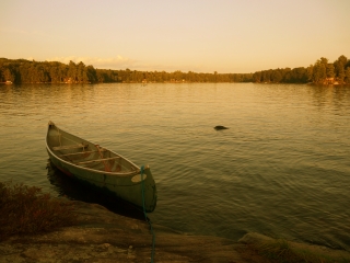 [At a lake in Muskoka with the atmosphere of early evening]